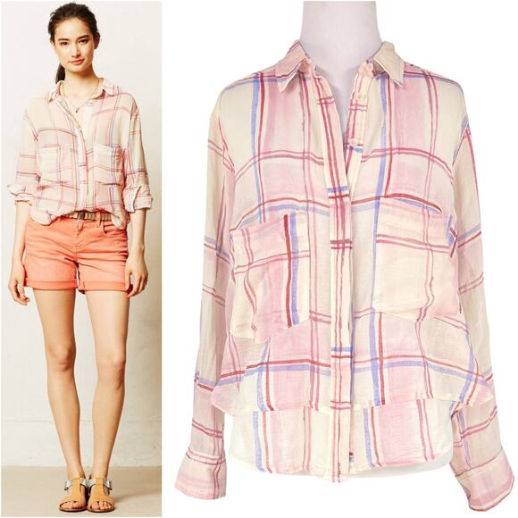 ANTHROPOLOGIE HOLDING HORSES Blush Plaid Lightweight Button-Front Shirt Size XS - Picture 1 of 8